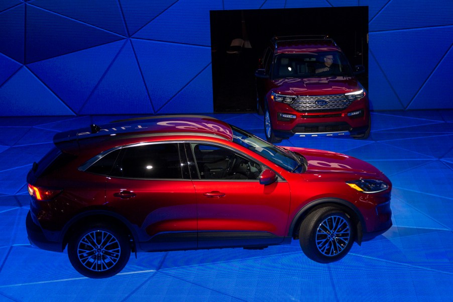 The Ford Mustang Mach-E electric SUV and Ford Explorer hybrid at AutoMobility LA in November 2019