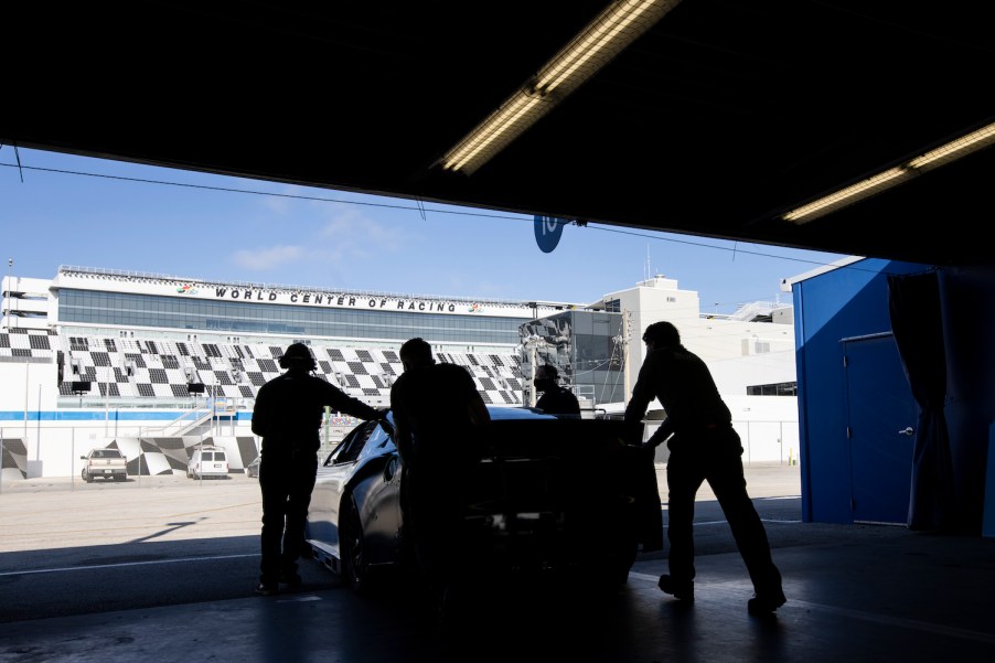 This is a Next Gen NASCAR race car being pushed onto Daytona International Speedway. The Next GEn NASCAR race cars will make the 2022 season more exciting.