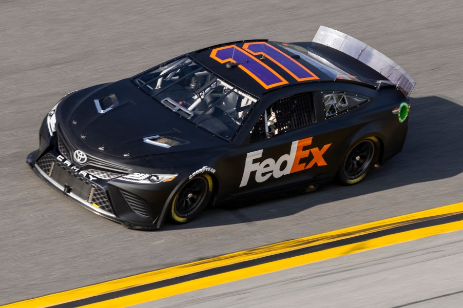 This is Denny Hamlin driving his #11 NASCAR Next Gen car during testing at Daytona. The NASCAR Next Gen rearview camera is highlighting a generational divide between Hamlin and younger drivers | James Gilbert/Getty Images