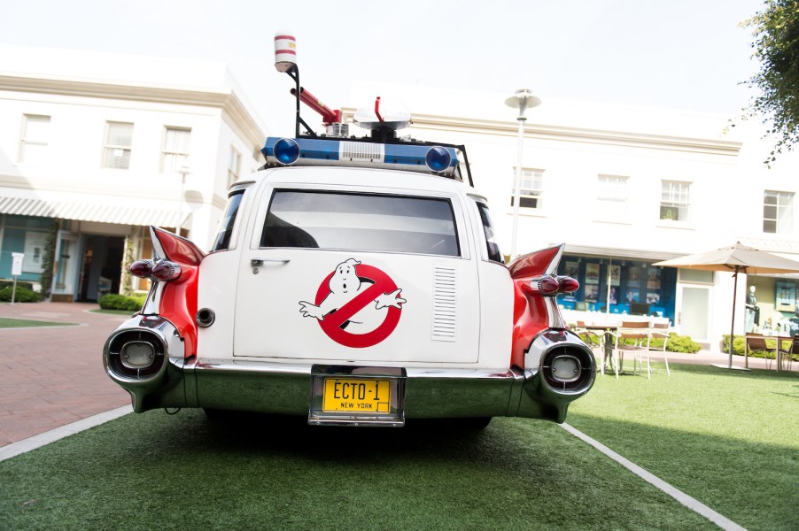 The original Ectomobile at Sony Pictures Studios. The Ghostbusters car, known as the ectomobile or ecto 1, is based on a 1959 Cadillac ambulance, a hearse in the movie. The original film car survives to this day and will appear in Ghostbusters: Afterlife. | Emma McIntyre/Getty Images