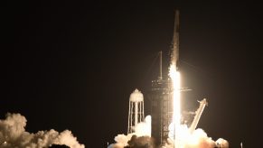 FLORIDA, UNITED STATES - SEPTEMBER 15: A Falcon 9 rocket with a Crew Dragon capsule launches from pad 39A at NASAâs Kennedy Space Center at Cape Canaveral, Florida, United States on September 15, 2021. The SpaceX Inspiration4 mission