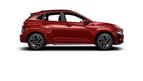 A red 2021 Hyundai Kona against a white background.