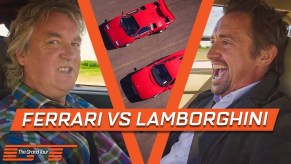 James May and Richard Hammond in a feature graphic for a video of a Ferrari Testarossa vs Lamborghini Countach drag race