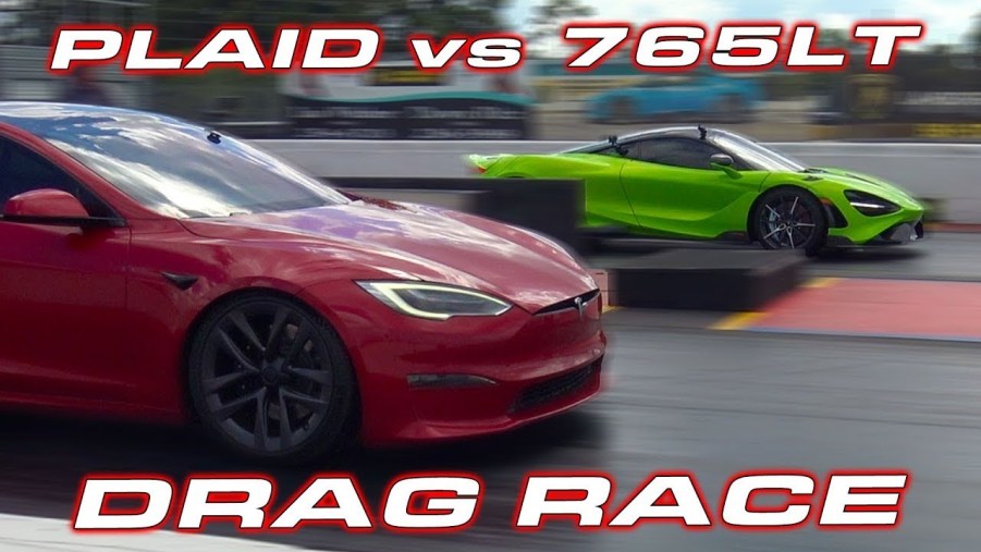 A red Telsa Model S Plaid vs a McLaren 765 LT in a drag race