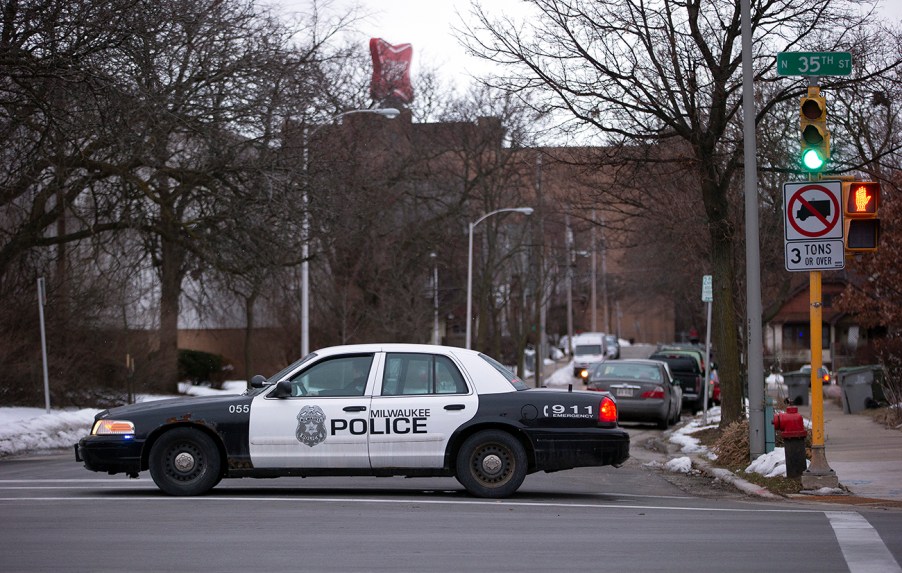 Milwaukee police car in an intersection.