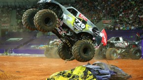 During Monster Jam in Melbourne, Australia, in October 2014, Marc McDonald jumps the monster truck Big Bash League over cars