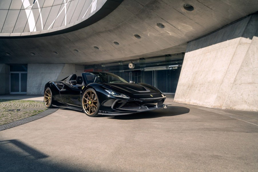 Black Ferrari F8 Spider equipped with NOVITEC carbon fiber aero pieces, and wheels.