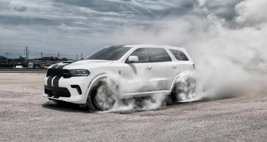 A 2021 Dodge Durango kicking up smoke