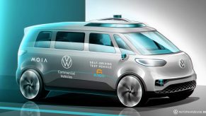 Side view of gray Volkswagen ID. BUZZ autonomous test vehicle