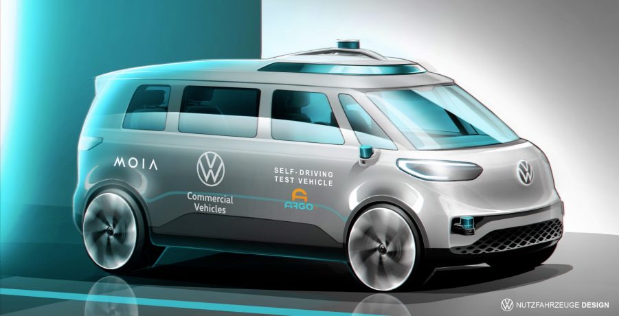 Side view of gray Volkswagen ID. BUZZ autonomous test vehicle