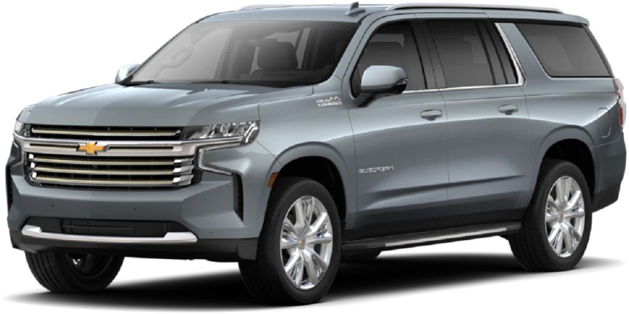 A gray Chevy Suburban against a white background.