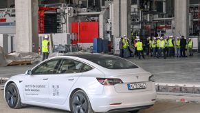 A Tesla Model 3 parked outside a Tesla Gigafactory in Brandenburg near Berlin