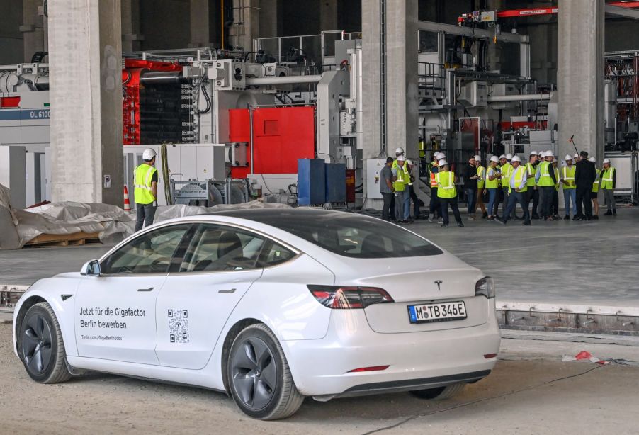 A Tesla Model 3 parked outside a Tesla Gigafactory in Brandenburg near Berlin