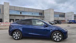 A Tesla Model Y parked outside a Tesla Gigafactory in the Berlin-Brandenburg area