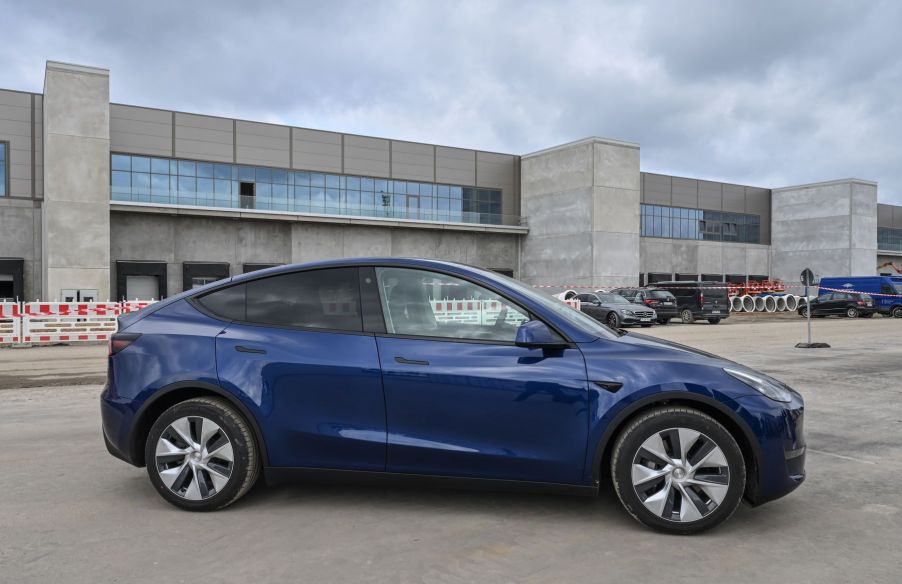 A Tesla Model Y parked outside a Tesla Gigafactory in the Berlin-Brandenburg area