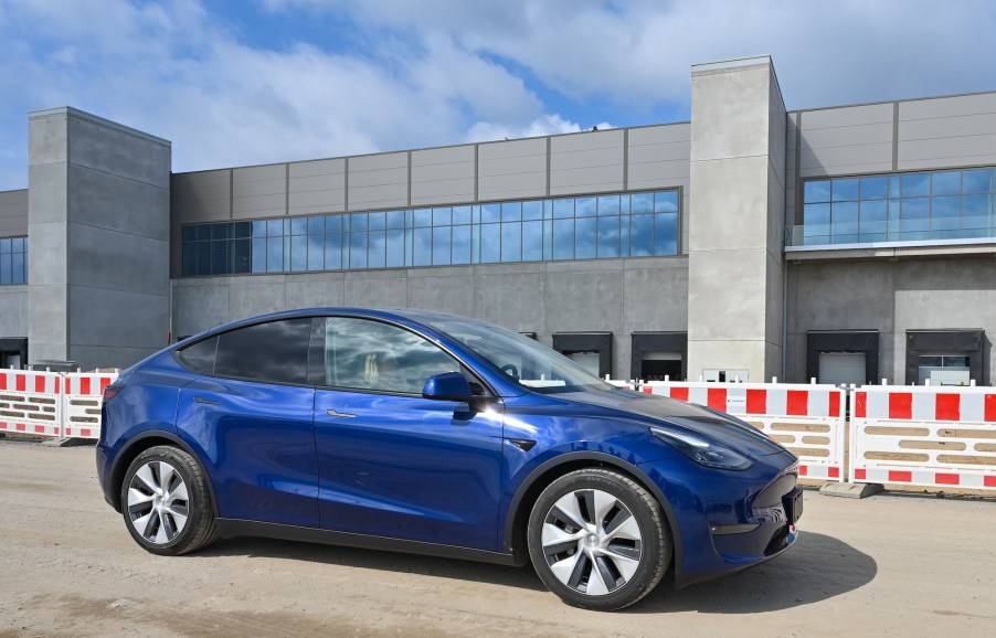 A Tesla Model Y parked at the construction site of the Tesla Gigafactory near Berlin, Germany