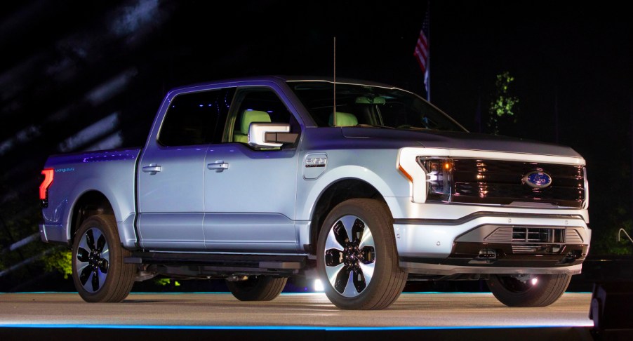 A gray Ford F-150 Lightning performance pickup truck is revealed at a livestream event at Ford World Headquarters on May 19, 2021 in Dearborn, Michigan. The truck will be built at the all-new Ford Rouge Electric Vehicle Center in Dearborn starting in the Spring of 2022,