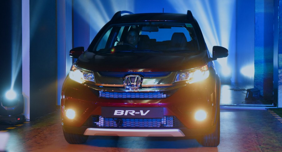 Front view of a red Honda BR-V Compact SUV during its launch on May 5, 2016 in New Delhi, India.