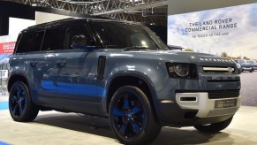 A Land Rover Defender 110 is displayed during the Commercial Vehicle Show at the NEC on September 02, 2021 in Birmingham, England.