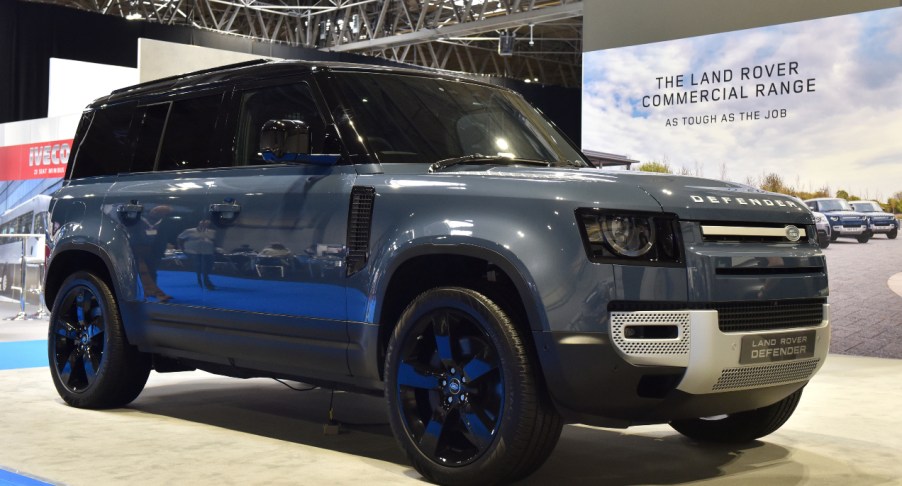 A Land Rover Defender 110 is displayed during the Commercial Vehicle Show at the NEC on September 02, 2021 in Birmingham, England.