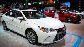 The 2016 Toyota Camry Hybrid is displayed during the New York International Auto Show on April 2, 2015 in New York City.