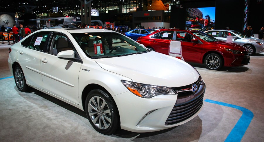 The 2016 Toyota Camry Hybrid is displayed during the New York International Auto Show on April 2, 2015 in New York City.