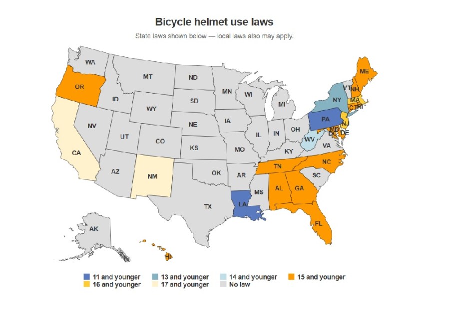 A map of bicycle helmet laws.