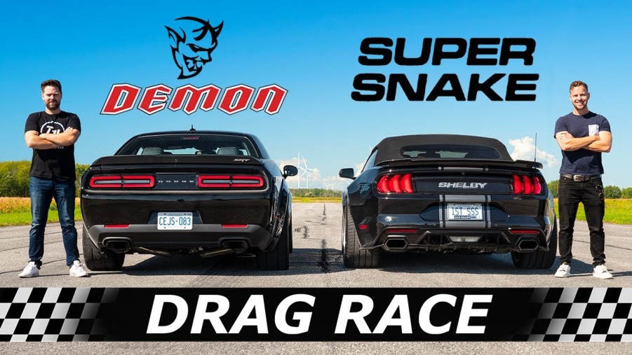 Dodge Demon (left) versus a Shelby Super Snake convertible (right) in a drag race