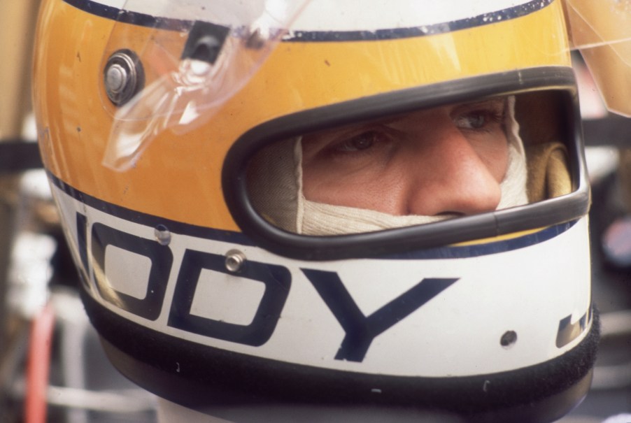 South African racer Jody Scheckter wears a motorcycle helmet after he won the Monaco Grand Prix in May 1977