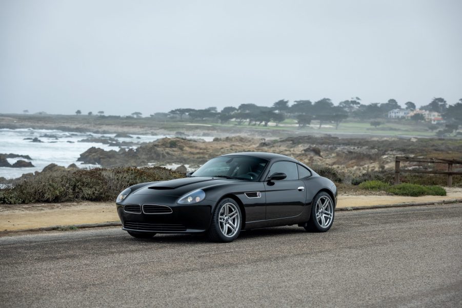 A black BMW Z8 coupe built by Smit Vehicle Engineering shot on a beach from the front 3/4 angle