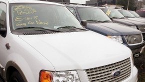 Used Ford SUVs sit on a dealer lot.