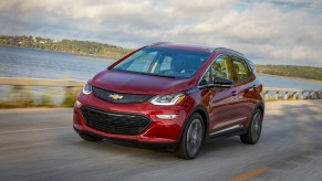 2019 Chevrolet Bolt EV in burgandy. This is one of the many cars involved in the Bolt EV recall