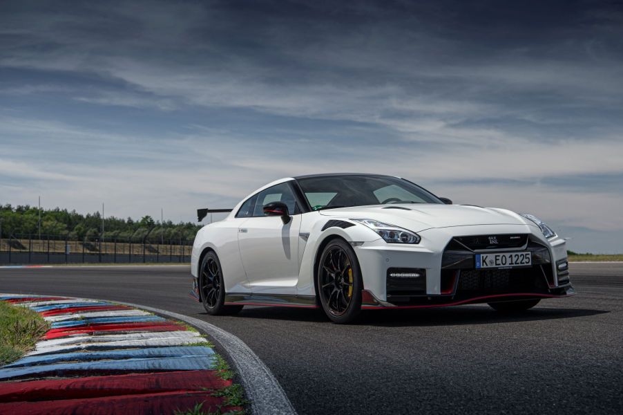 The 2021 Nissan GT-R Nismo supercar parked on a race track