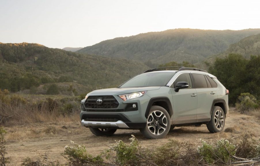 The 2021 Toyota RAV4 Adventure in the Lunar Rock paint color option with an Ice Edge roof