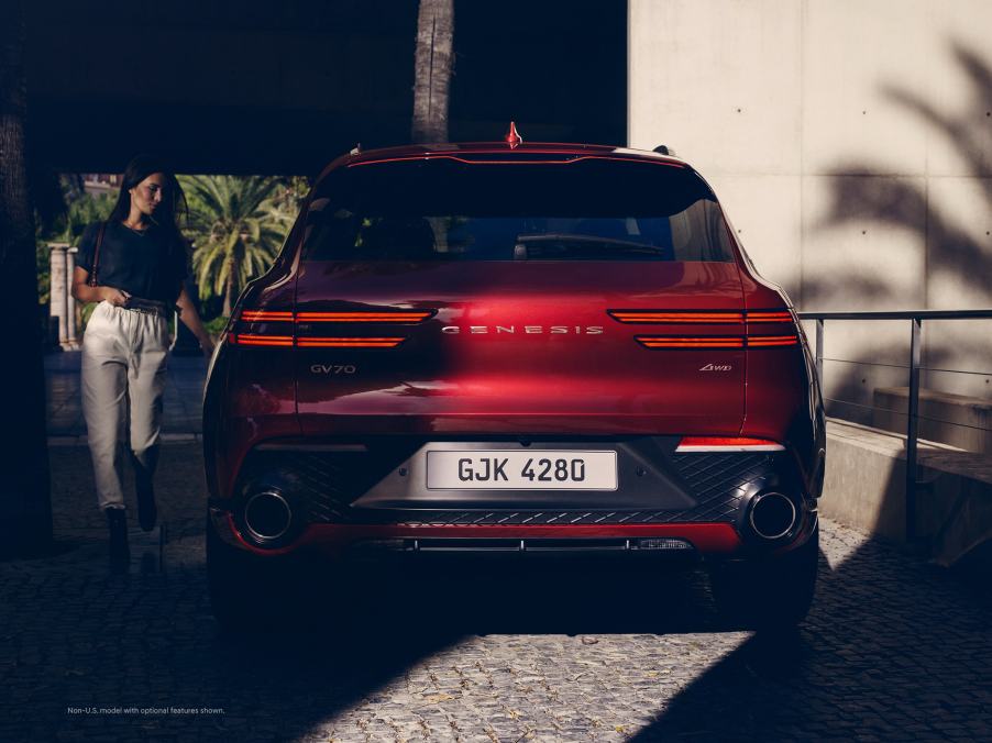 A red 2022 Genesis GV70 parked outside