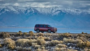 A 2022 Jeep Wagoneer parked with a mountain background