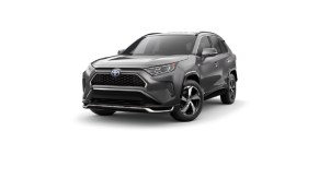 A dark gray 2021 Toyota RAV4 Prime against a white background.