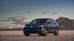 Blue 2022 Volkswagen ID.4 with mountains in the background