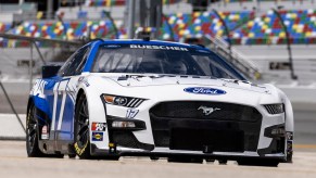 Chris Buescher's #17 Next Gen car in the Daytona pits. This is our ultimate guide to the 725 horsepower engine, downforce improving aerodynamics, and transaxle transmission of the NASCAR Next Generation car. | James Gilbert/Getty Images