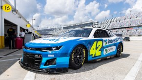 This is Ross Chastain's #42 NASCAR Next Gen car parked in the Daytona pits during testing. The V8 NASCAR engines powering the Next Gen cars will be allowed to make hundreds more horsepower to battle the advanced aerodynamics of the new vehicles. | James Gilbert/Getty Images