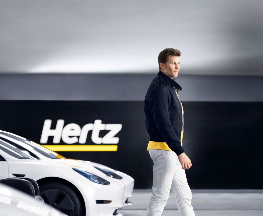 Quarterback Tom Brady appeared in humorous commercials touting Hertz's Tesla rental car fleet. The Hertz Corporation's 100,000 Tesla Model 3 order is the largest rental EV order in history. | Eric R. Davidson/Getty Images for HERTZ