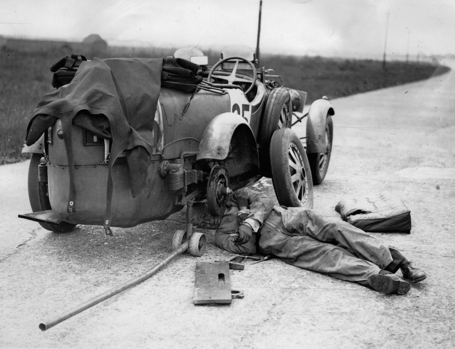 Lord Howe changing the rear wheel of his Bugatti car in 1930 while driving with Captain Malcolm Campbell during the Double Twelve Hour Race on the motor racing circuit Brooklands. United Kingdom. Slow leaks have always been an annoying problem, but you can use soap to find a slow tire leak or valve stem leak. | Imagno/Getty Images