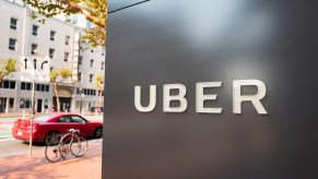 An Uber sign ahead of the deal with Tesla, Hertz, and Tom Brady