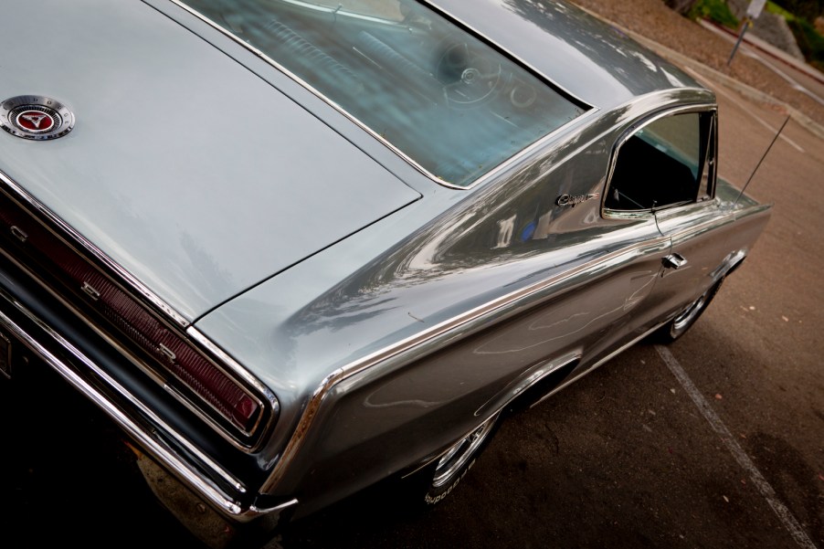 This is a photo of a 1967 "first generation" Dodge Charger in a parking lot. Dom's first Charger is revealed in Fast and Furious 9 as a 1966 first-generation Dodge Charger. Dünzl\ullstein bild via Getty Images