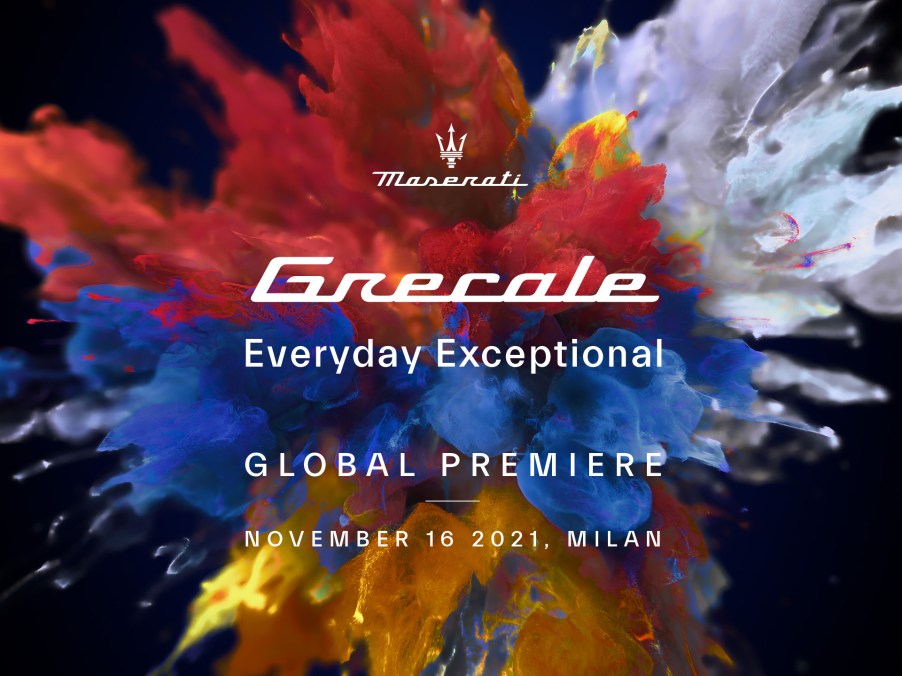 Feature graphic with colorful explosions of chalk powder for the Maserati Grecale SUV debut