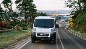 This is a promo photo of a 2021 Ram ProMaster. Alex Honnold brought his converted ProMaster onto Jay Leno's garage | Stellantis