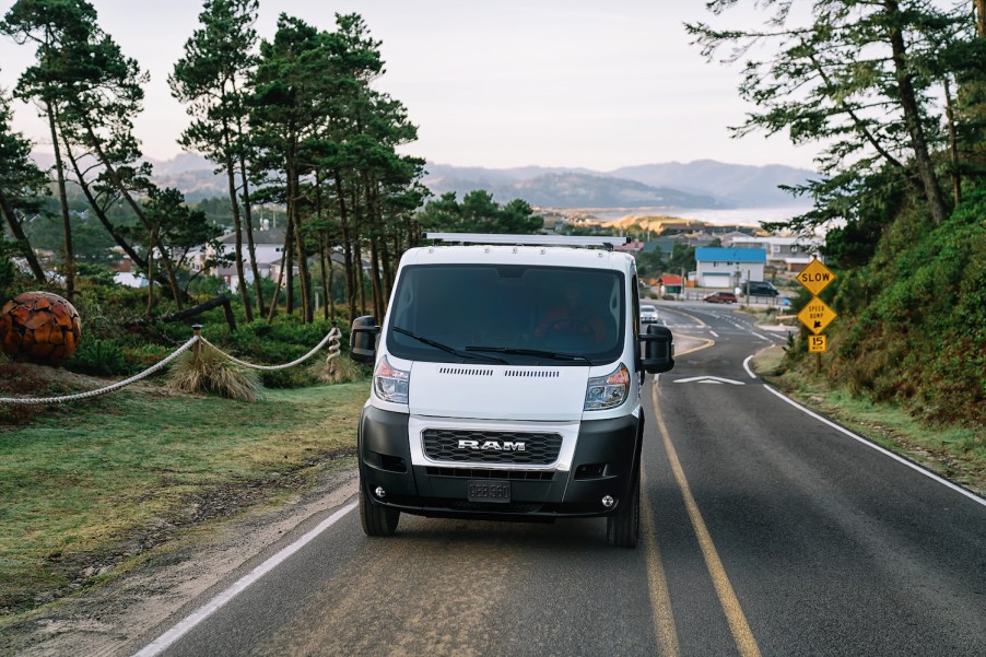 This is a promo photo of a 2021 Ram ProMaster. Alex Honnold brought his converted ProMaster onto Jay Leno's garage | Stellantis