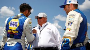 Rick Hendrick with the NASCAR NAPA Auto Parts Chevrolet crew in Lebanon, Tennessee