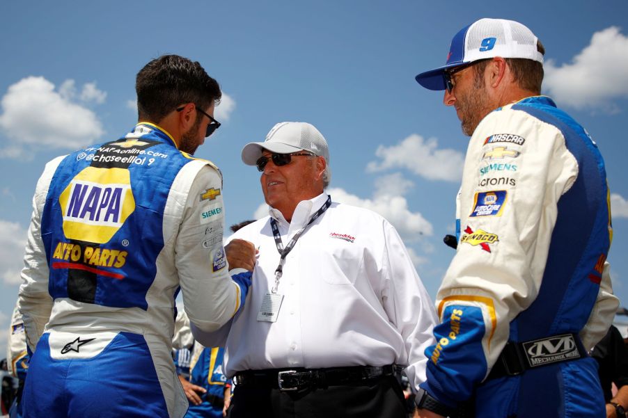 Rick Hendrick with the NASCAR NAPA Auto Parts Chevrolet crew in Lebanon, Tennessee