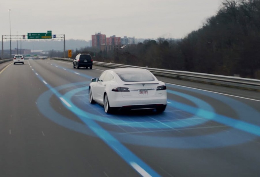 A rendered image of a Tesla Model S using the Autopilot feature. Autopilot is the base on which the Tesla Full Self Driving Beta is built upon